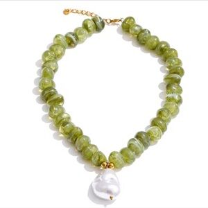 Luxury Olive Green Beaded Necklace with Baroque Pearl Drop